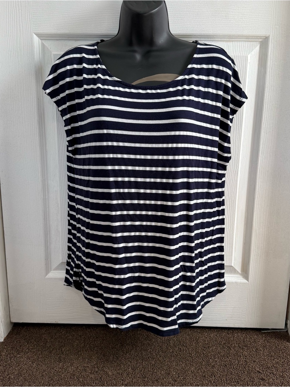 Women's Navy and White Striped Cap Sleeve Top